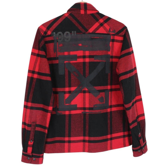 Off White Red and Black Tartan Check Long Sleeve Stencil Flannel Shirt