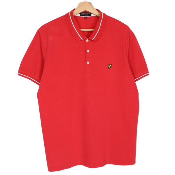 Lyle & Scott red short sleeve polo shirt with embroidered logo and cotton material.