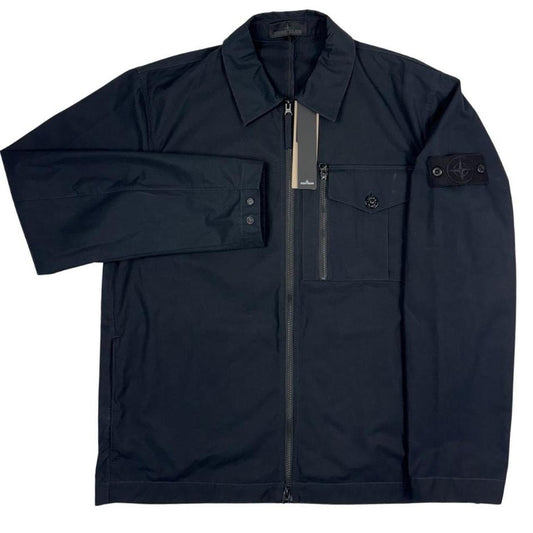 Stone Island navy blue waterproof overshirt jacket with ghost logo and cotton material.