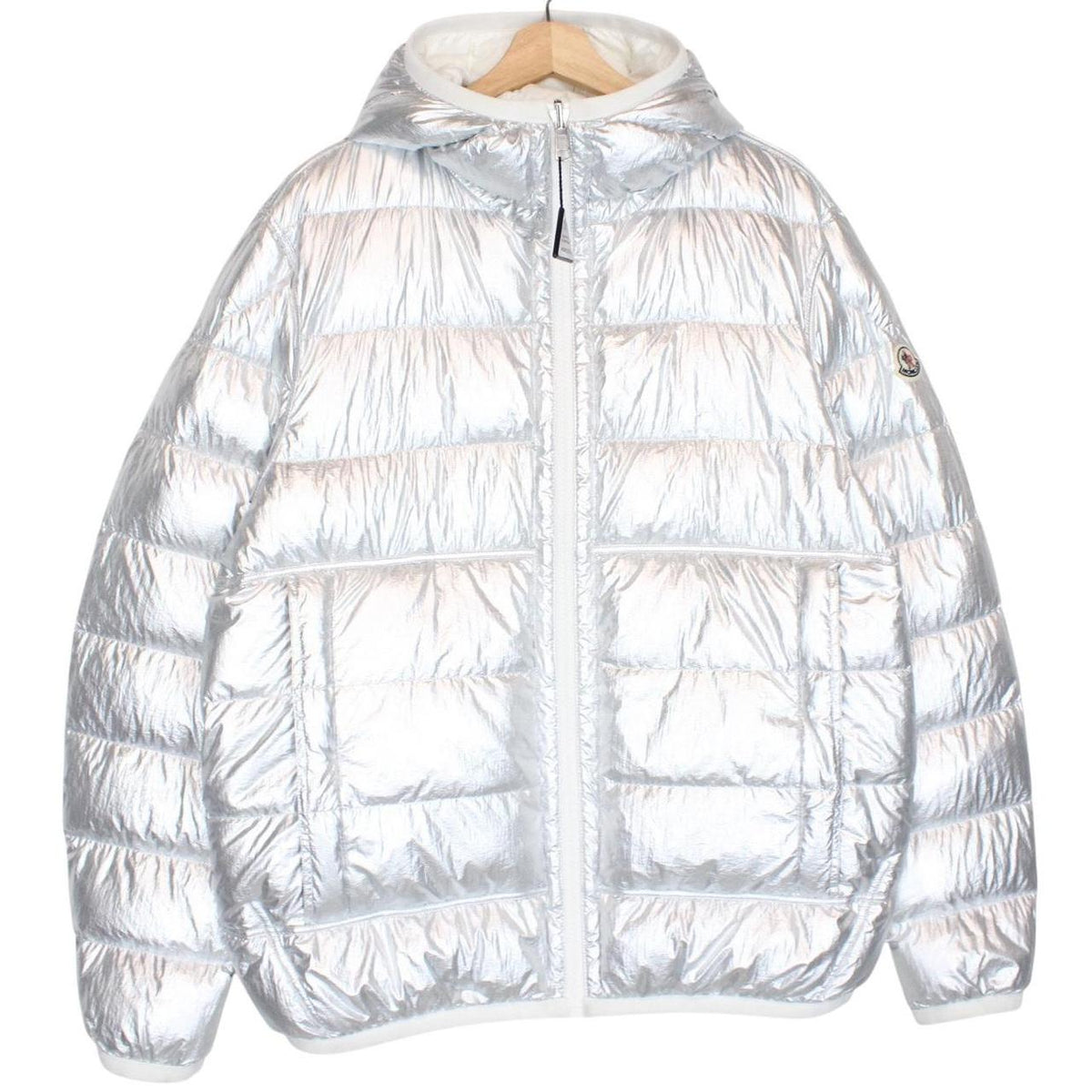 Moncler white and silver reversible down jacket with full zip and hood.