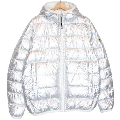 Moncler white and silver reversible down jacket with full zip and hood.