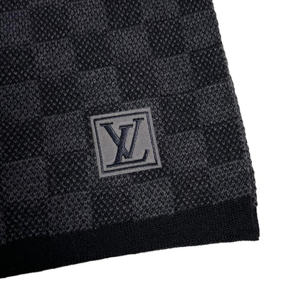 Louis Vuitton wool scarf black grey Damier pattern with tags and logo.