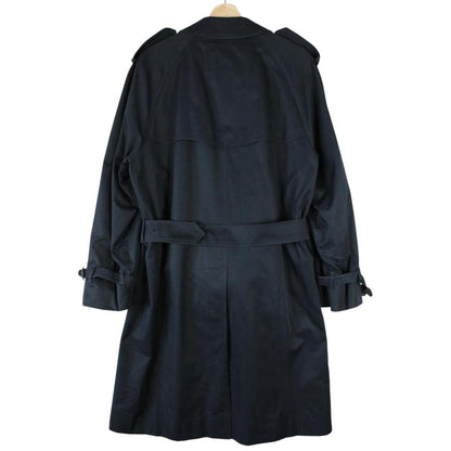 Burberry navy blue trench coat with belted waist and single breasted design.