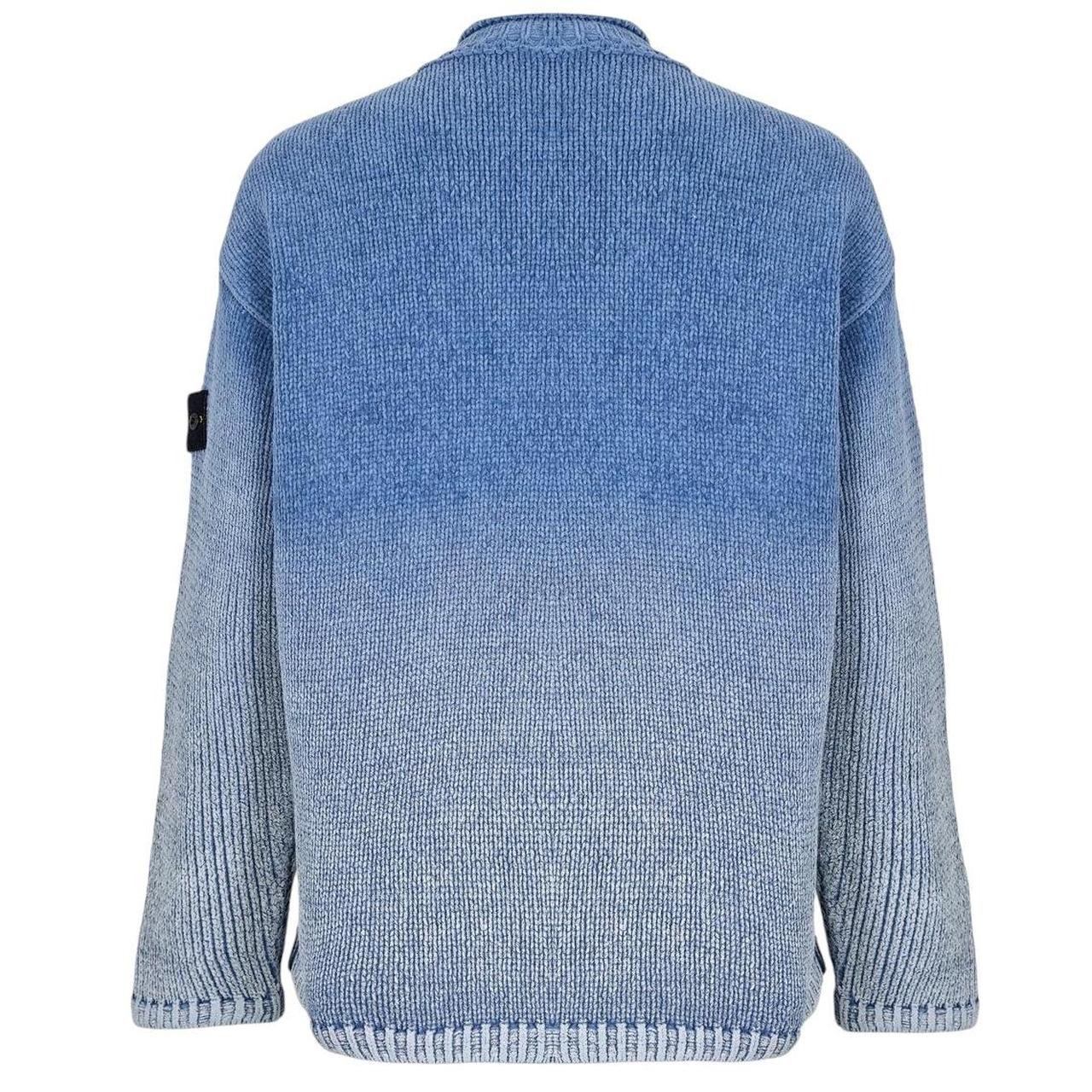 Stone Island blue jumper with degrade knit pattern and logo badge on sleeve.