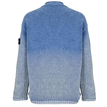 Stone Island blue jumper with degrade knit pattern and logo badge on sleeve.