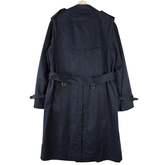 Burberry navy blue belted double breasted trench coat with classic check lining.