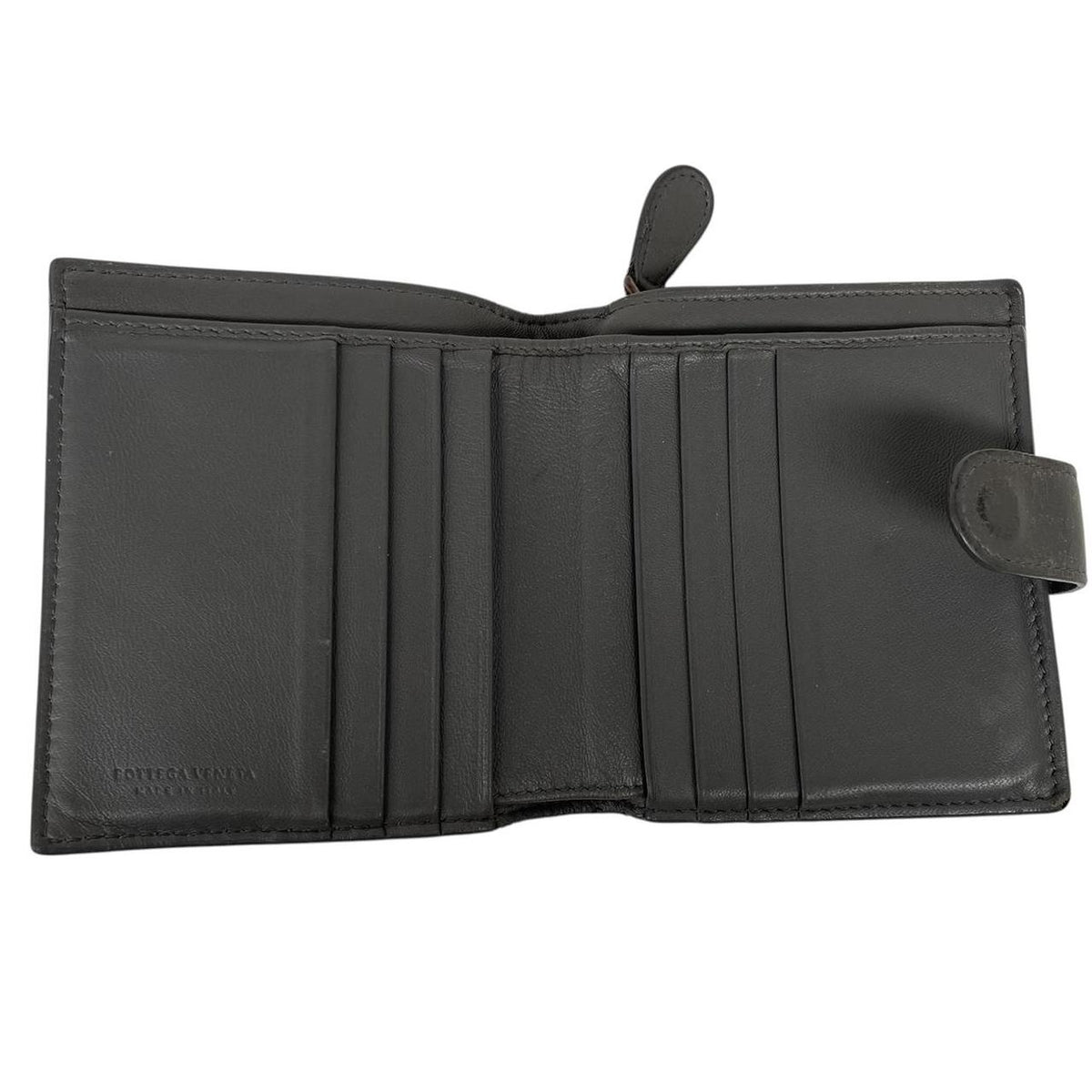 Bottega Veneta grey bifold wallet with Intrecciato woven leather pattern and popper closure.