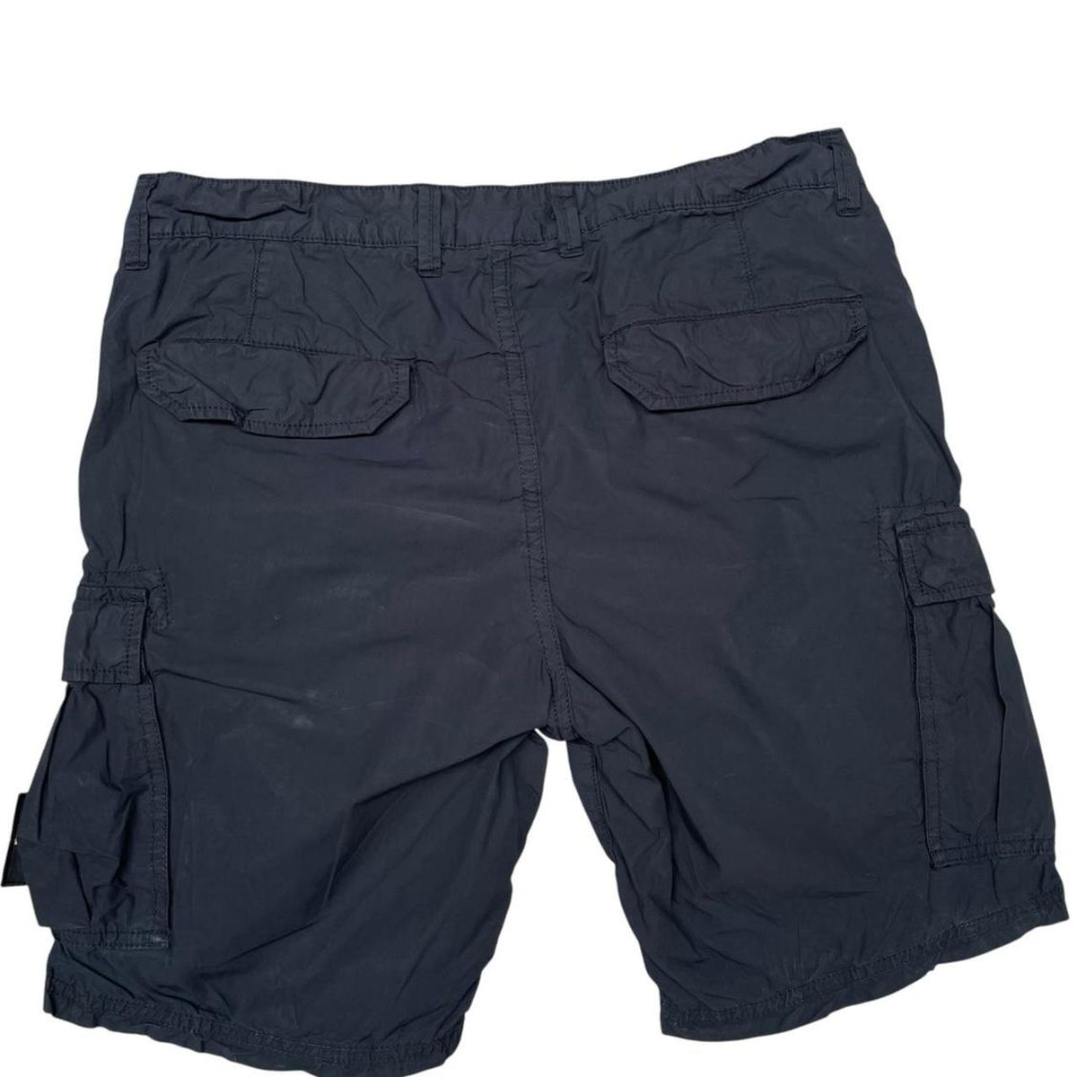 Stone Island navy blue cargo shorts with logo patch and cotton material.