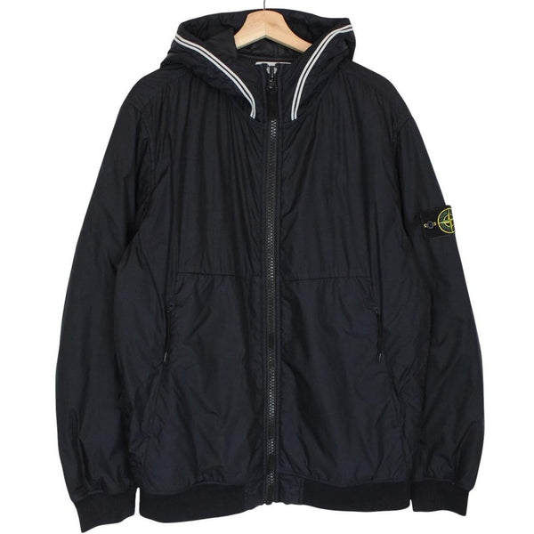 Stone Island black jacket with crinkle texture and logo patch on sleeve.