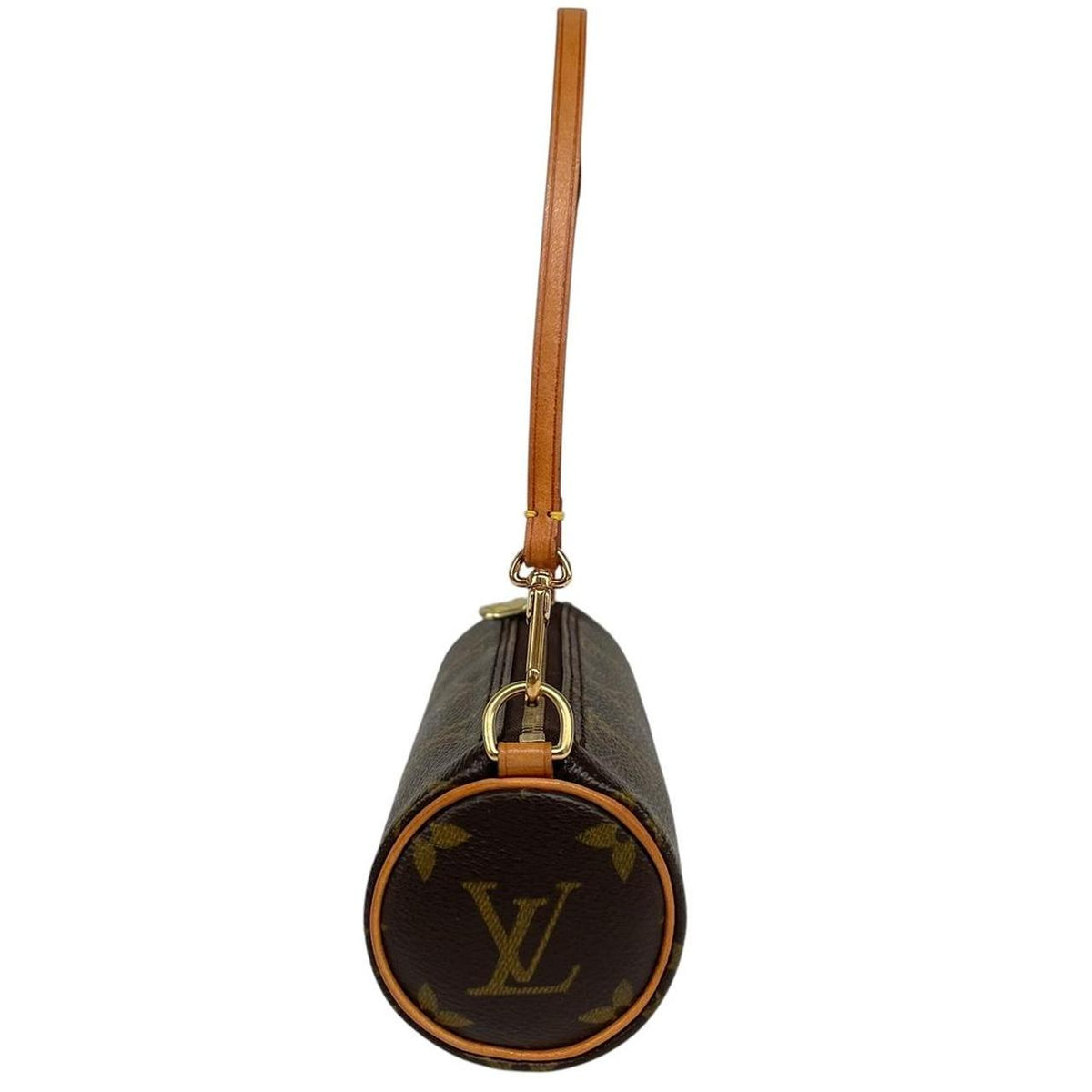 Louis Vuitton brown and tan mini pochette bag with monogram canvas pattern and logo.