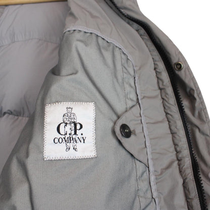 CP Company Grey Nycra-R Full Zip Lens Down Hooded Puffer Coat
