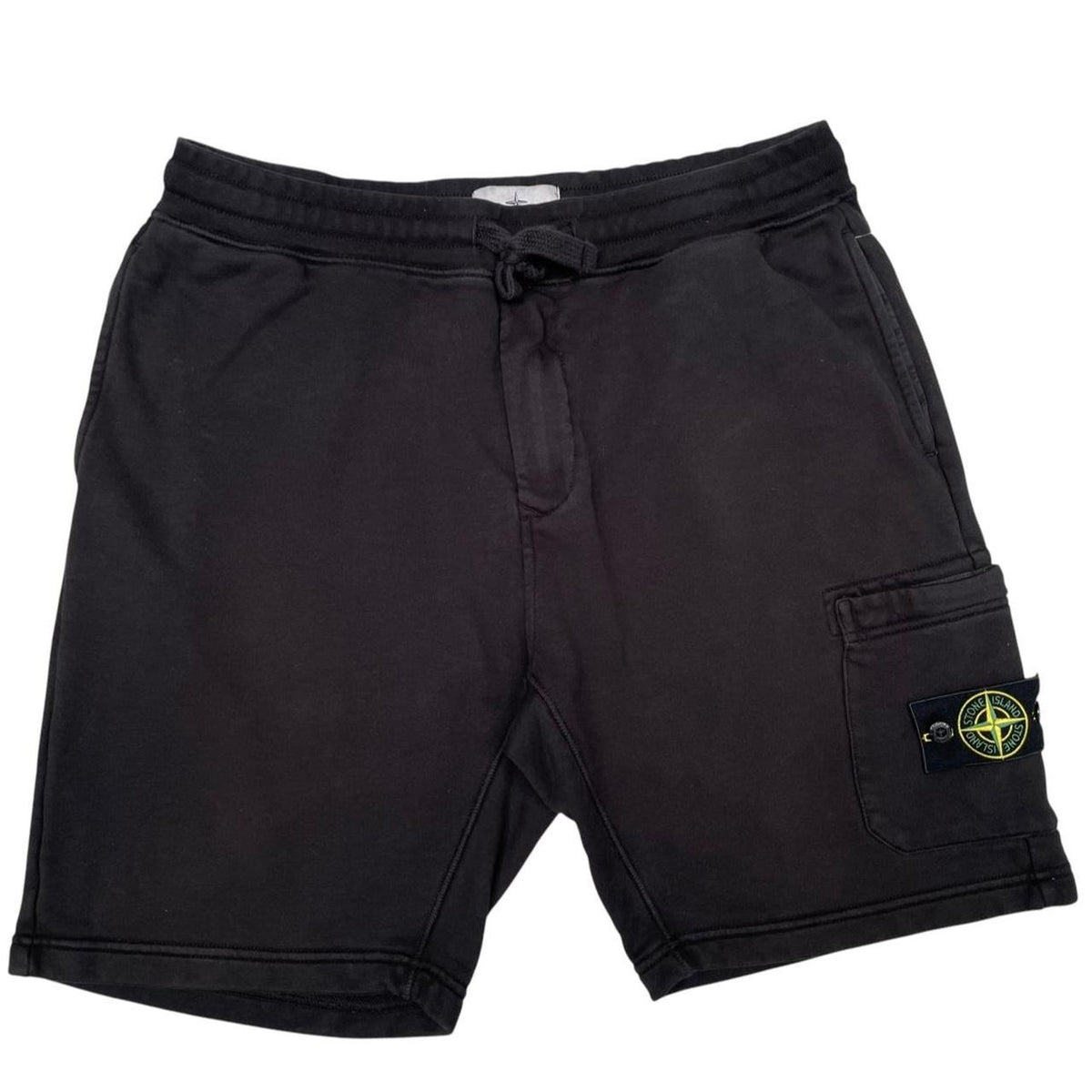 Stone Island black jogger shorts with logo patch and cotton material.