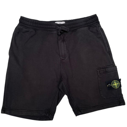 Stone Island black jogger shorts with logo patch and cotton material.