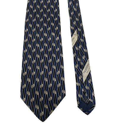 Vintage Valentino Navy Blue Geometric Pattern Silk Tie