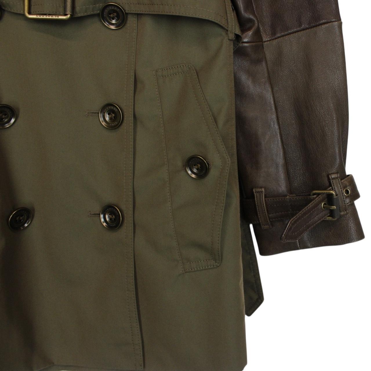 Burberry Brit Khaki Green Double Breasted Belted Leather Sleeve Trench Coat