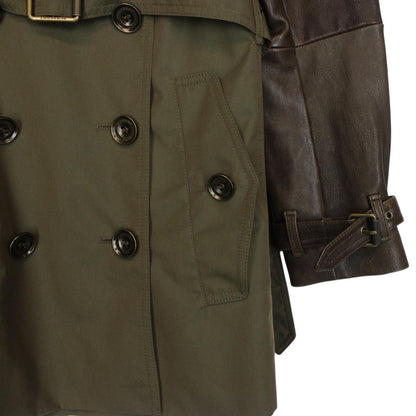 Burberry Brit Khaki Green Double Breasted Belted Leather Sleeve Trench Coat