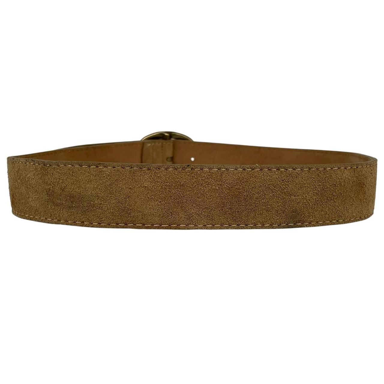 Paul Smith tan brown suede belt with brass buckle and visible wear marks.