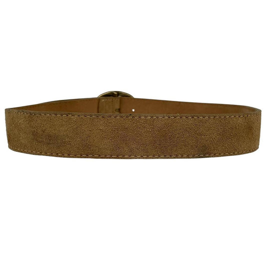Paul Smith tan brown suede belt with brass buckle and visible wear marks.