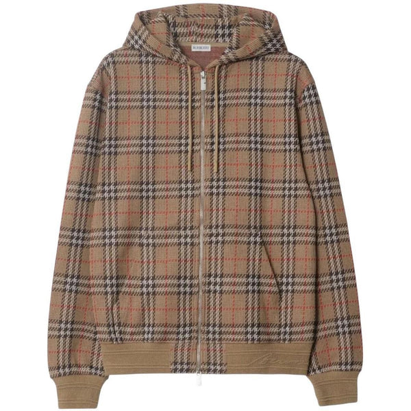 Burberry brown hoodie with Nova Check pattern and full zip, cotton blend material.