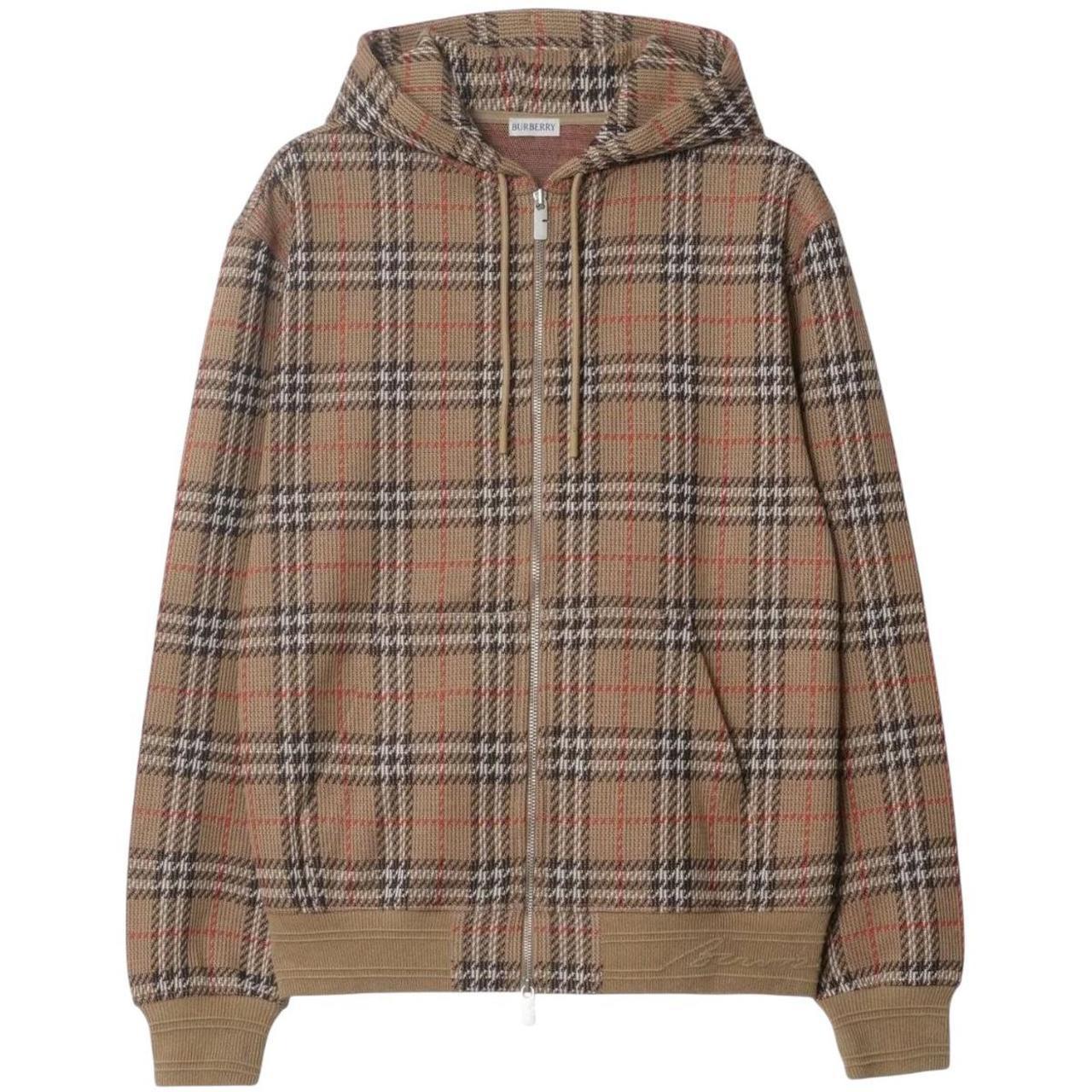 Burberry brown hoodie with Nova Check pattern and full zip, cotton blend material.