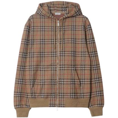 Burberry brown hoodie with Nova Check pattern and full zip, cotton blend material.