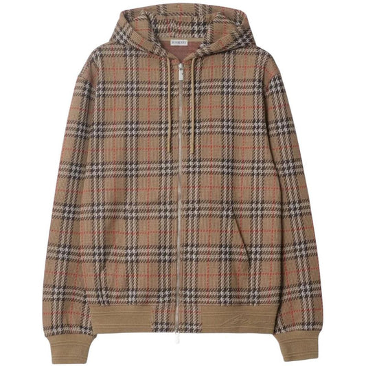 Burberry brown hoodie with Nova Check pattern and full zip, cotton blend material.