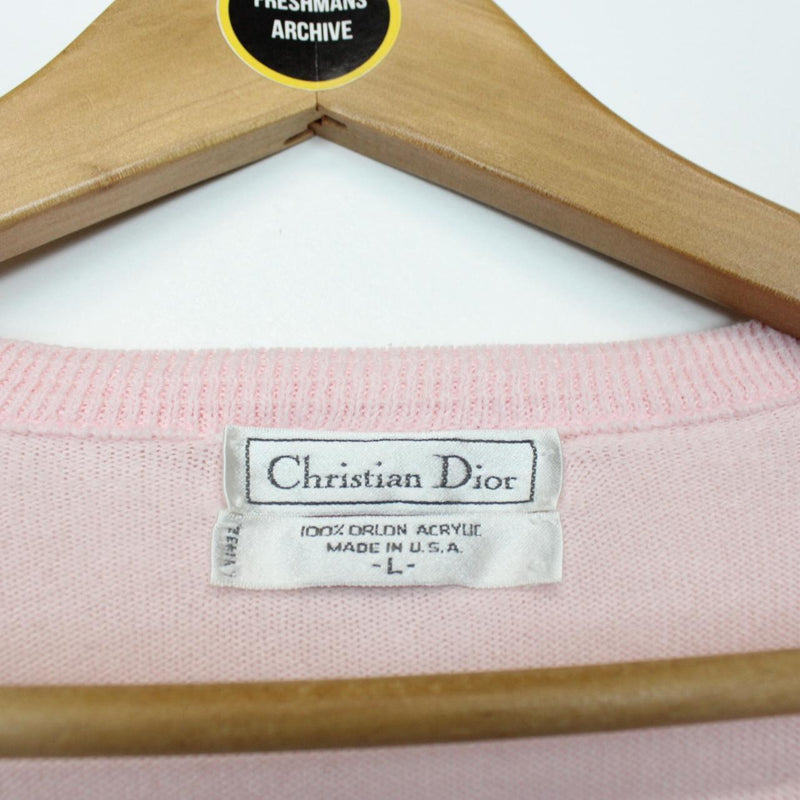 Vintage 90s Christian Dior Pink Orlon Arcylic Knit V-Neck Jumper