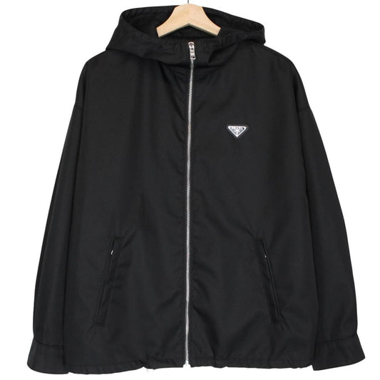 Prada black hooded jacket with full zip, Re-Nylon material, logo detail on sleeve.