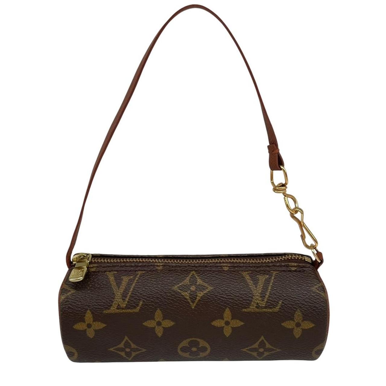 Louis Vuitton brown and tan duffel bag with monogram canvas and logo details.