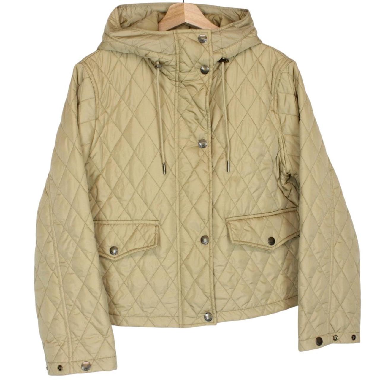 Burberry beige cropped nylon jacket with Nova Check pattern and diamond quilted design.