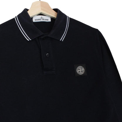 Stone Island black long sleeve polo shirt with embroidered compass logo, slim fit.
