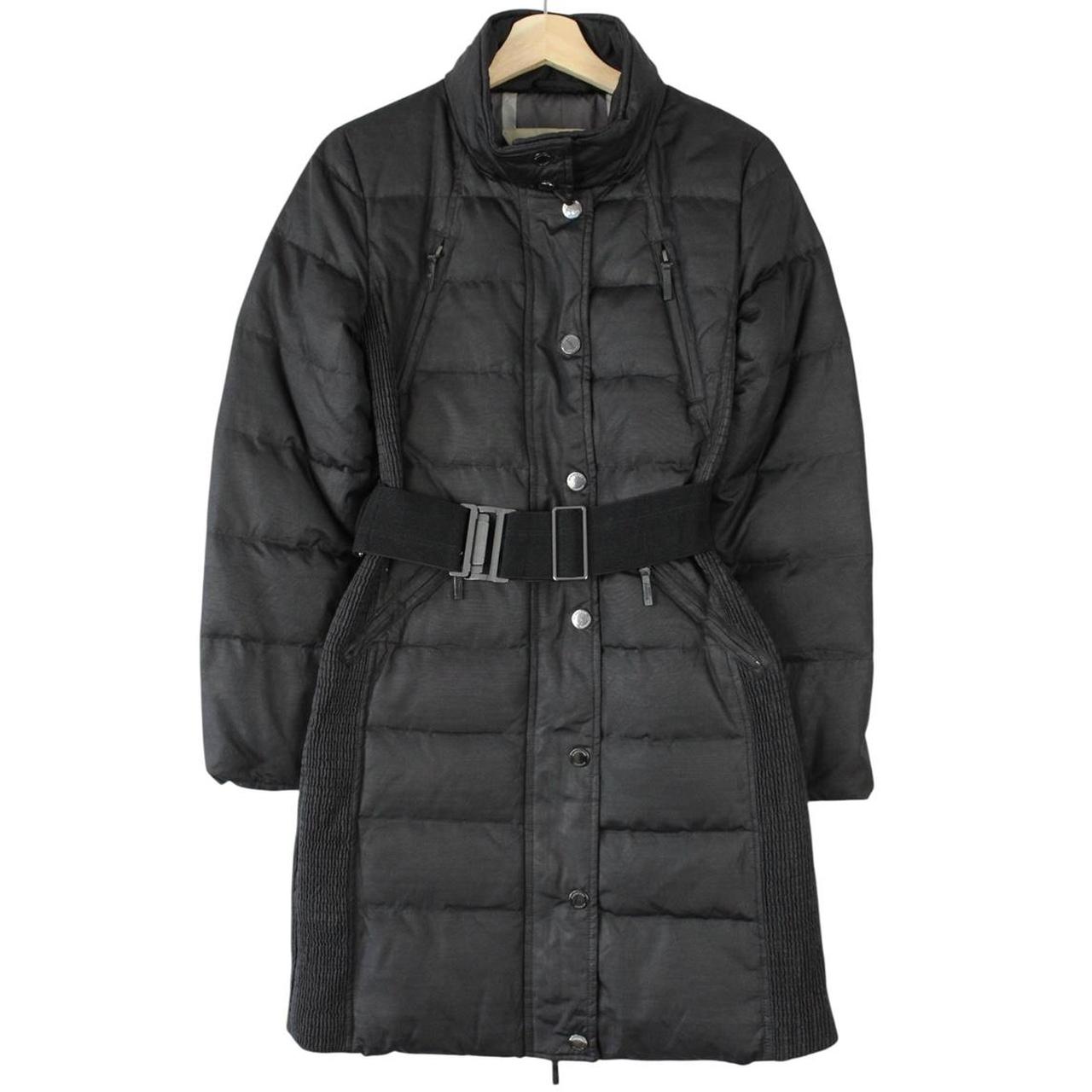 Burberry black puffer coat with Nova Check pattern and belted waist detail.
