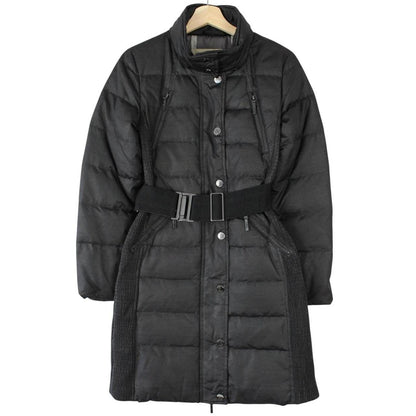 Burberry black puffer coat with Nova Check pattern and belted waist detail.