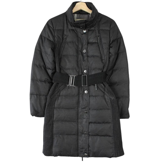 Burberry black puffer coat with Nova Check pattern and belted waist detail.