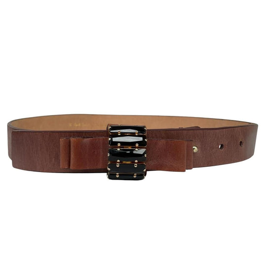 Paul Smith brown leather belt with jewelled buckle and logo detail.