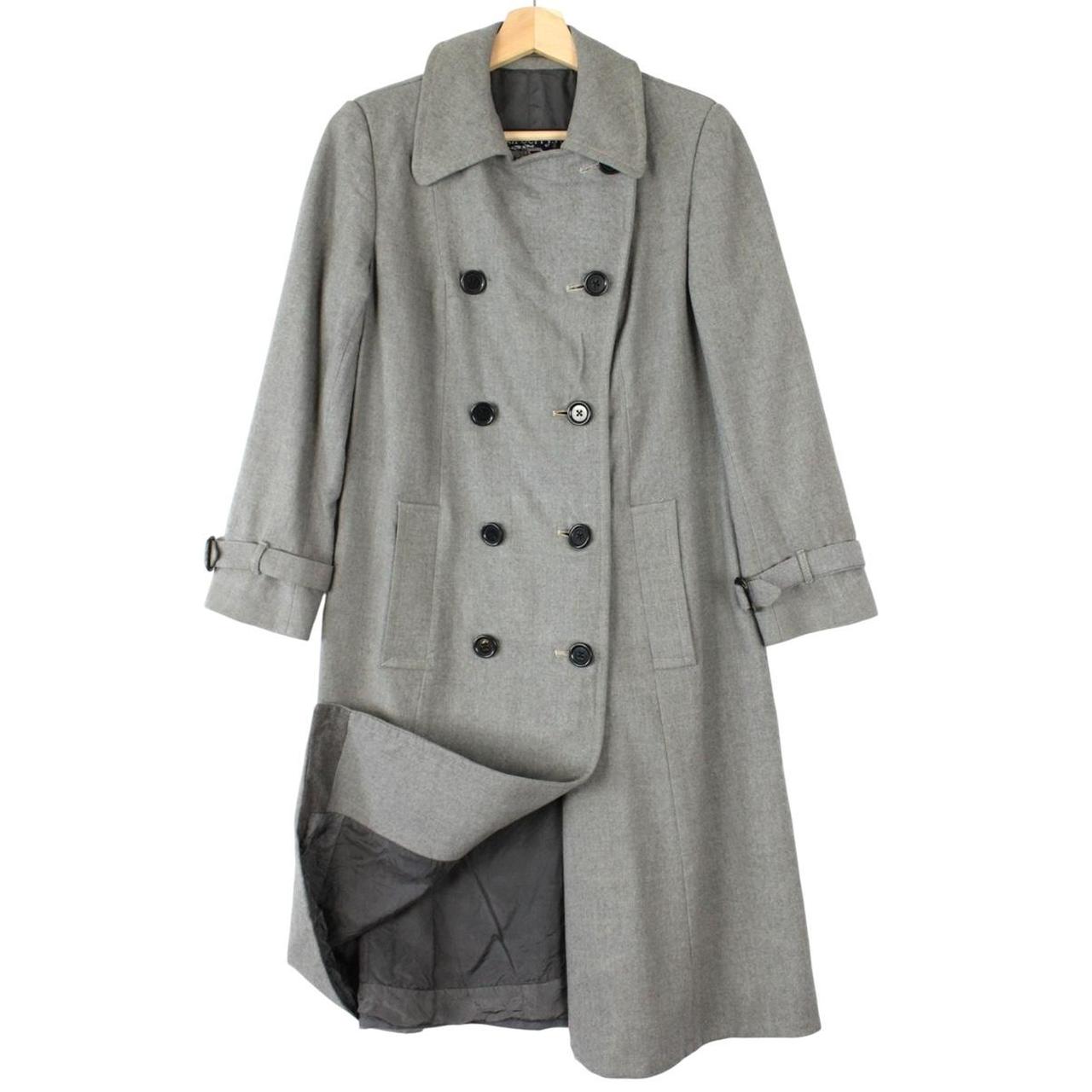 Burberry grey double breasted wool trench coat with classic check lining and logo buttons.