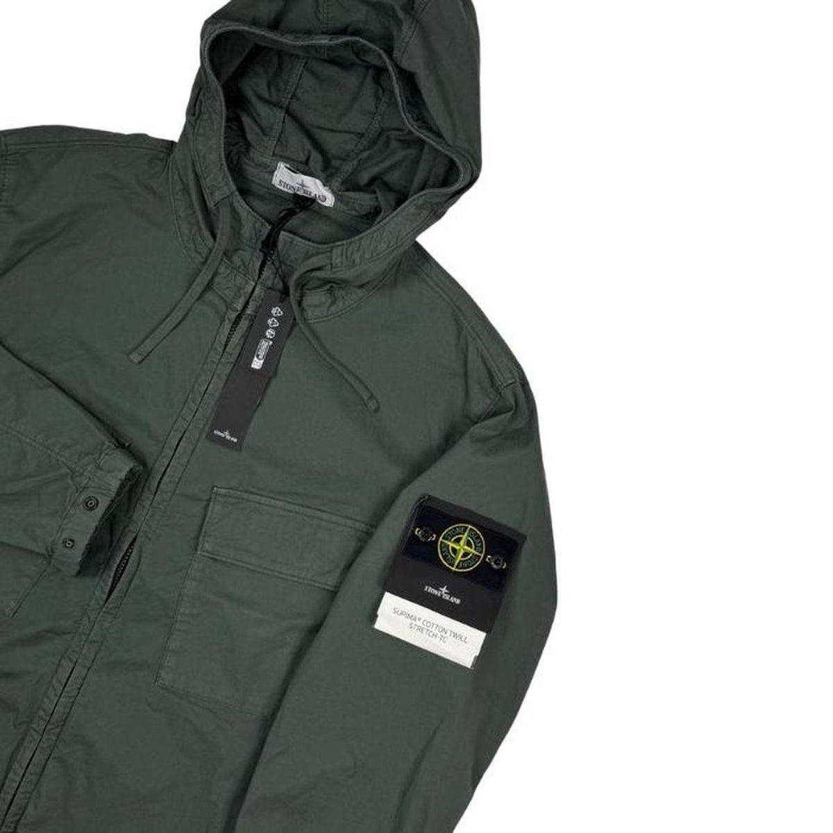 Stone Island green hooded jacket with full zip, Supima cotton twill material, logo patch.