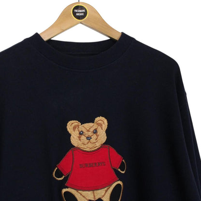 Vintage Burberry Embroidered Bear Print Navy Blue Cotton Sweatshirt