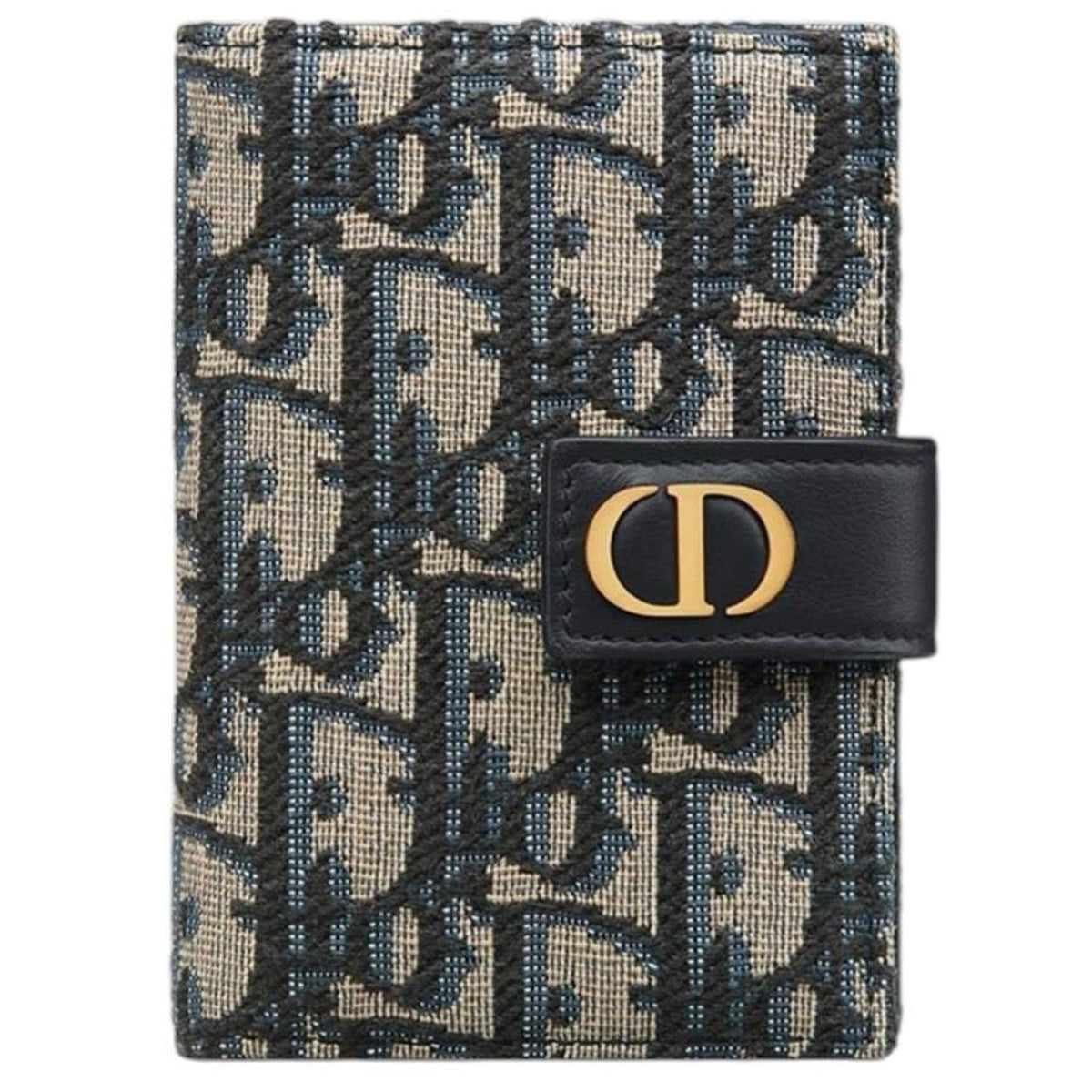 Dior blue card holder featuring Oblique jacquard pattern and dandelion design.