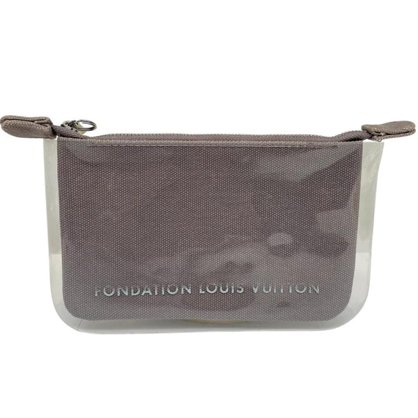 Louis Vuitton grey PVC clutch pouch with logo print and minor wear marks.