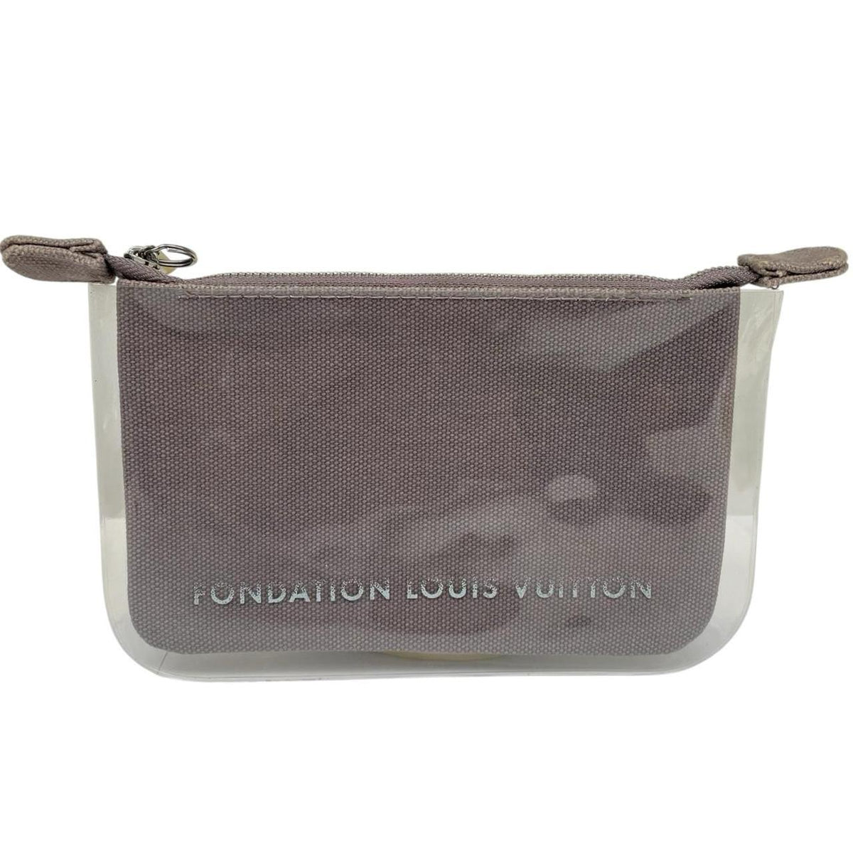 Louis Vuitton grey PVC clutch pouch with logo print and minor wear marks.