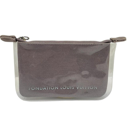Louis Vuitton grey PVC clutch pouch with logo print and minor wear marks.