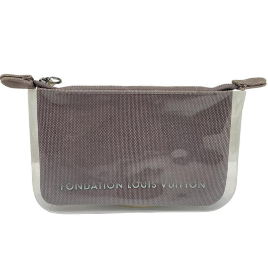 Louis Vuitton grey PVC clutch pouch with logo print and minor wear marks.