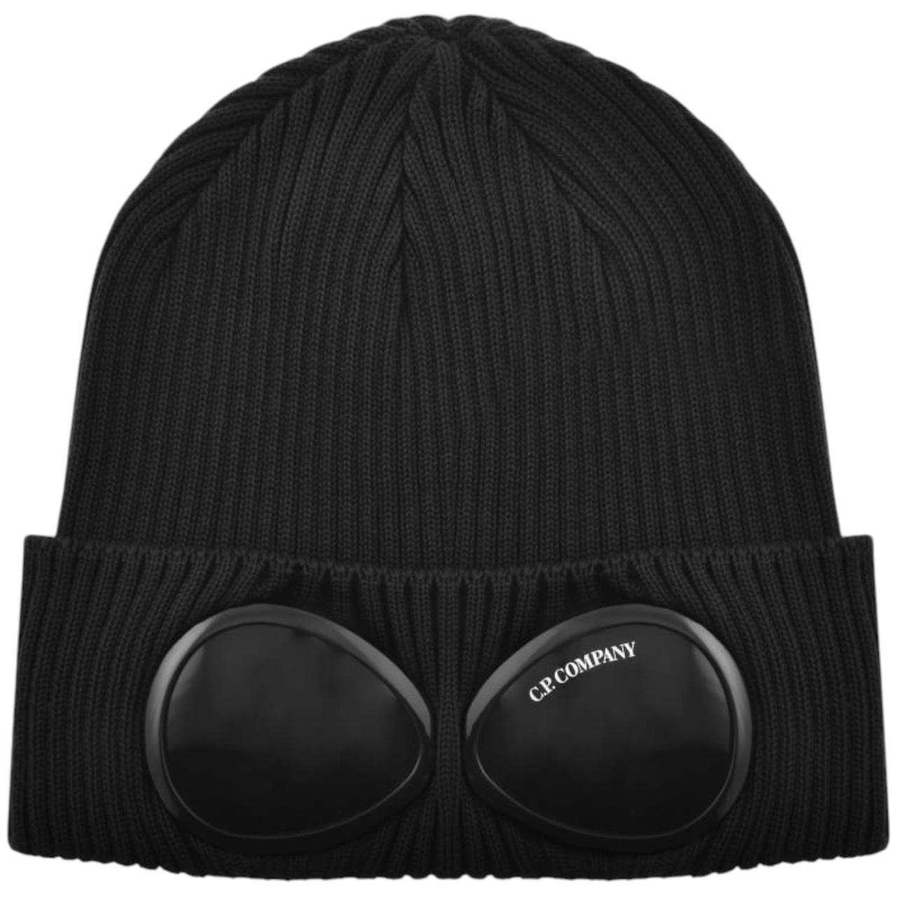 CP Company black beanie hat with goggle detail and cotton material.