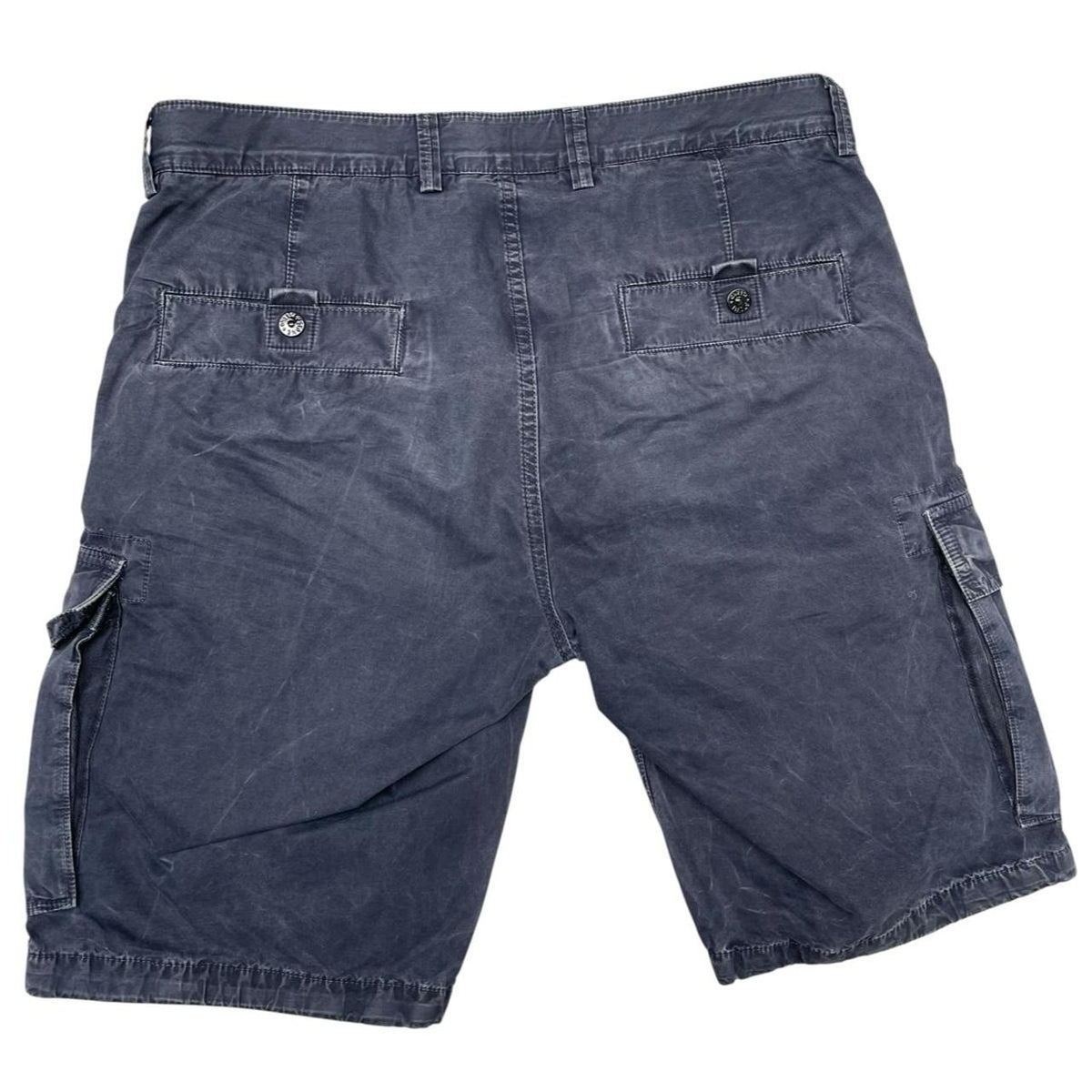 Stone Island navy blue cargo shorts with logo patch and cotton material.