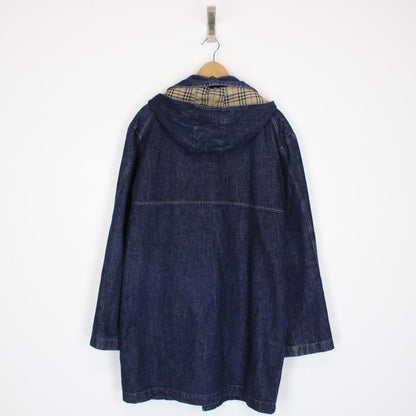 Vintage 00s Burberry London Navy Blue Nova Check Hooded Denim Coat