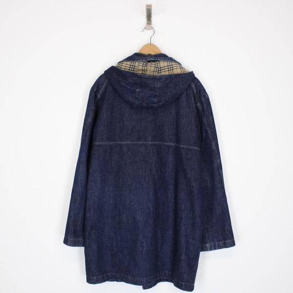 Vintage 00s Burberry London Navy Blue Nova Check Hooded Denim Coat