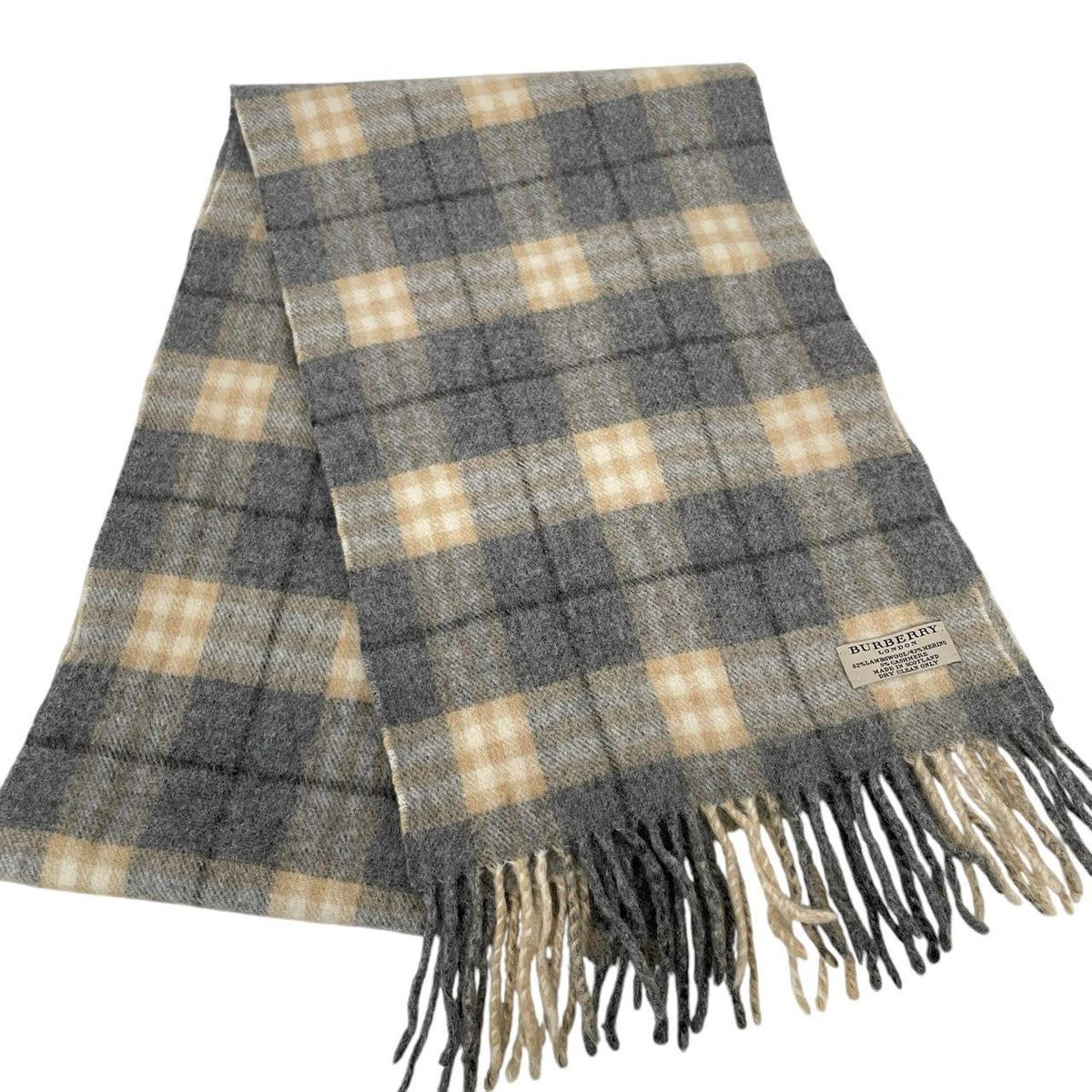 Burberry grey scarf featuring iconic Nova Check pattern in lambswool blend.