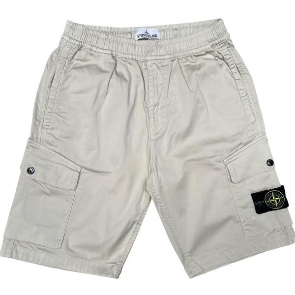 Stone Island beige cargo shorts with logo patch and multiple pockets.