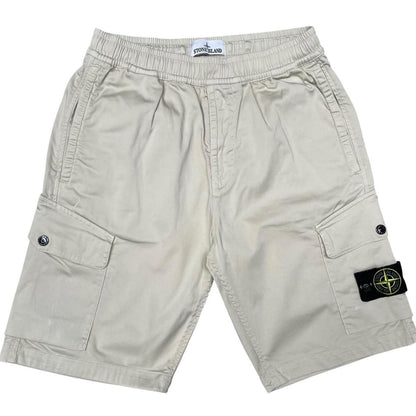 Stone Island beige cargo shorts with logo patch and multiple pockets.